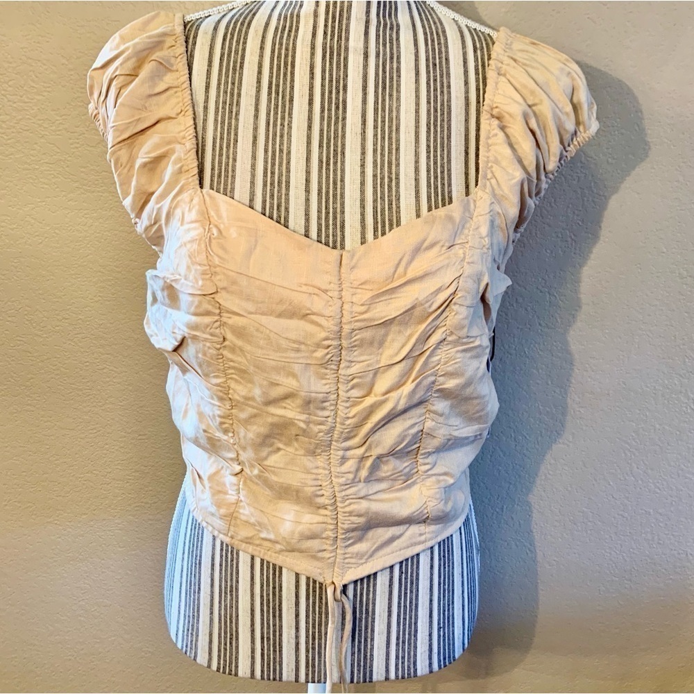 NEW Crop Top Large Japna Cottagecore Lt Beige Nude 100% Rayon Smocked Back NWT